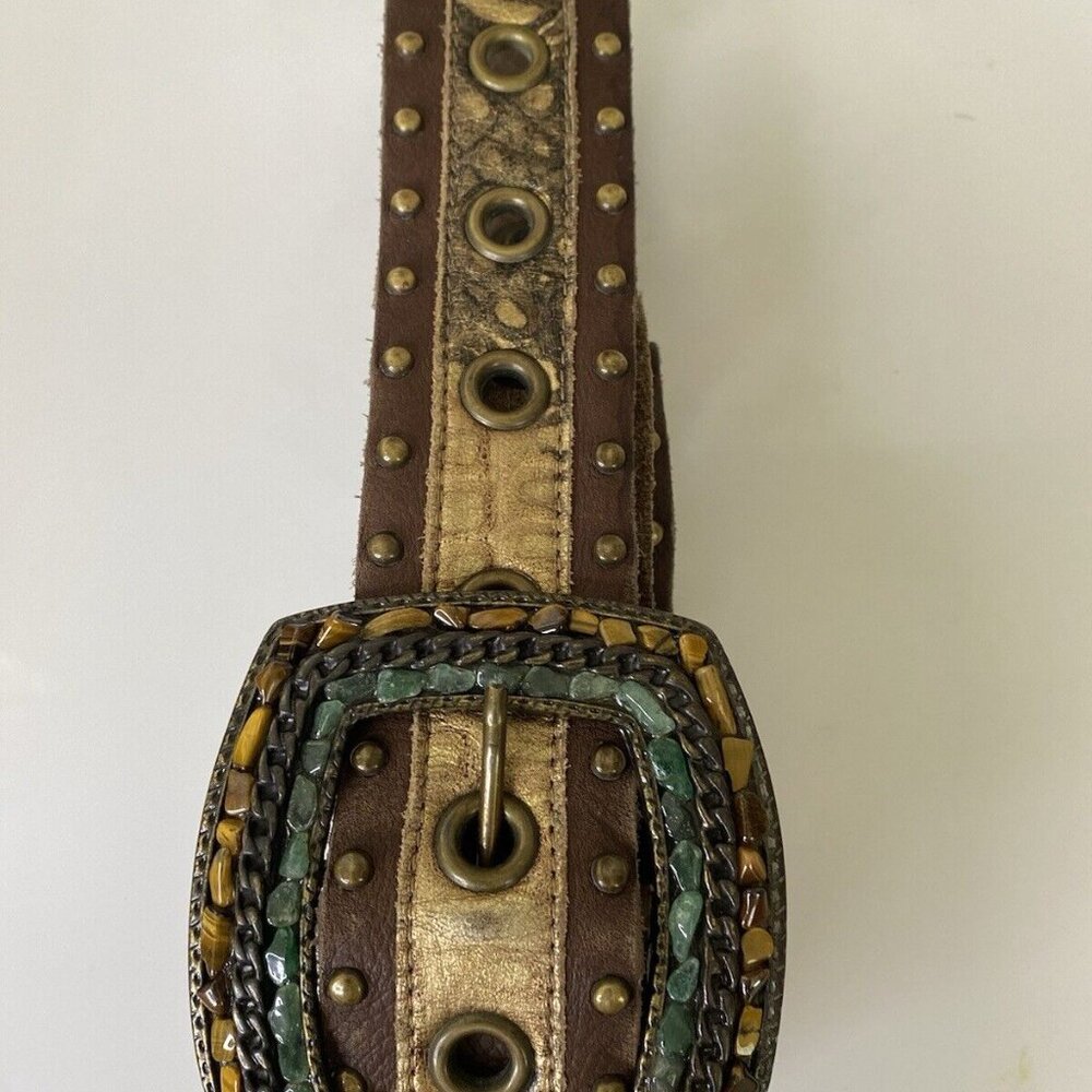 Handmade‎ Brown Leather Statement Belt Semi Precious Stones Studs Up To Size 36